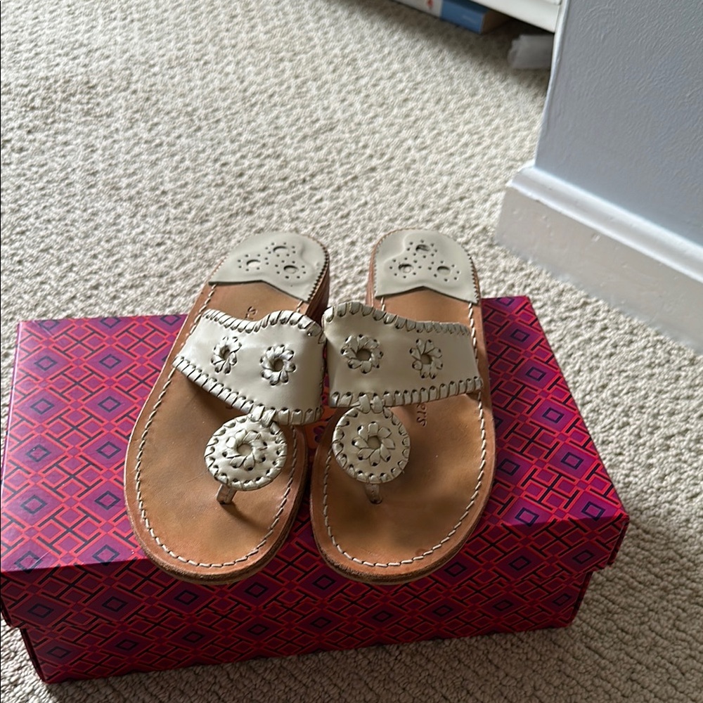 Jack Rogers Cream Sandals with Metallic Embellishments